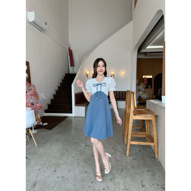Lala dress เดรสออกงานแขนตุ๊กตาทูโทนลูกไม้ ป้าย mabel รูปที่ 5