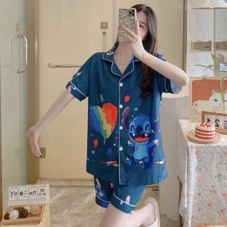 ชุดนอนคอปก ชุดนอนผู้หญิง แขนสั้นขาสั้น ผ้าไม่บาง การ์ตูน น่ารัก ML