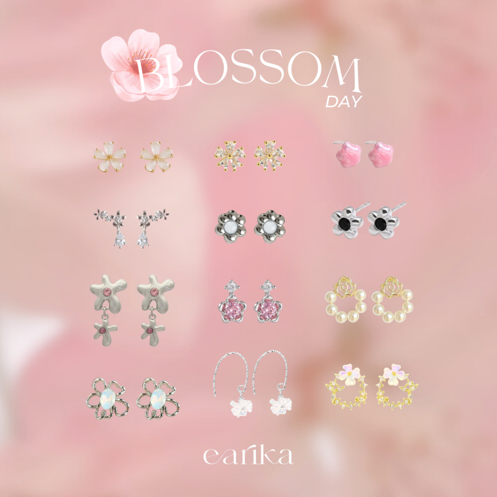 earika.earrings – blossom day collection รวมต่างหูดอกไม้บลอซซั่มก้านเงินแท้ชุบทองคำขาว ผิวแพ้ง่ายใส่ได้