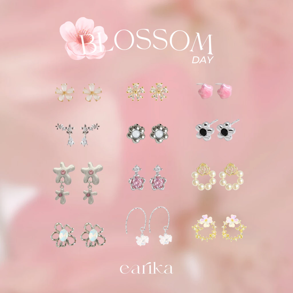 earika.earrings - blossom day collection รวมต่างหูดอกไม้บลอซซั่มก้านเงินแท้ชุบทองคำขาว ผิวแพ้ง่ายใส่ได้