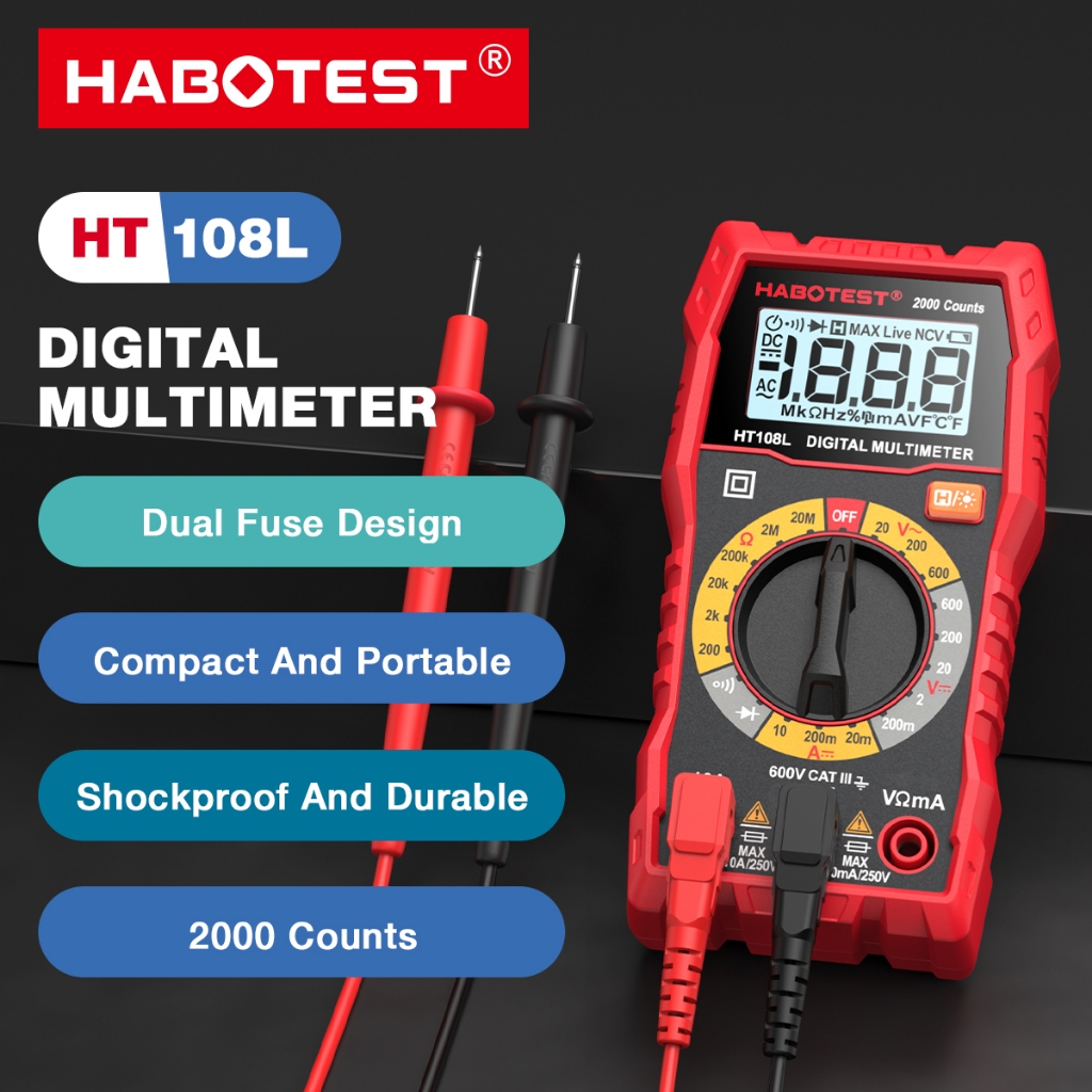 HABOTEST HT108L มัลติมิเตอร์ดิจิทัล แรงดันไฟฟ้า 2000 นับ มัลติมิเตอร์ โวลต์มิเตอร์ แอมมิเตอร์ โอห์ม ทรานซ 600V/10A AC/DC