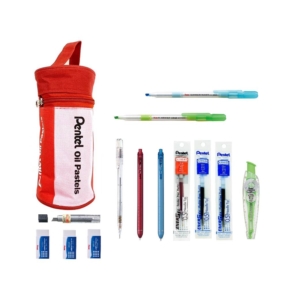 Pentel ชุดเครื่องเขียนเพนเทล พร้อมกระเป๋าเครื่องเขียนรูปทรงสีชอล์ค