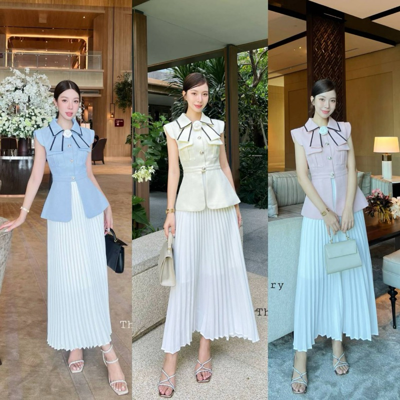 (พร้อมส่ง) The Gallery9 เซ็ต3ชิ้นเสื้อและกระโปรงอัดพลีตพร้อมเข็มกลัดดอกไม้เข้าชุด หรูหรามาก เนื้อผ้าหนาพรีเมี่ยมอย่างดี