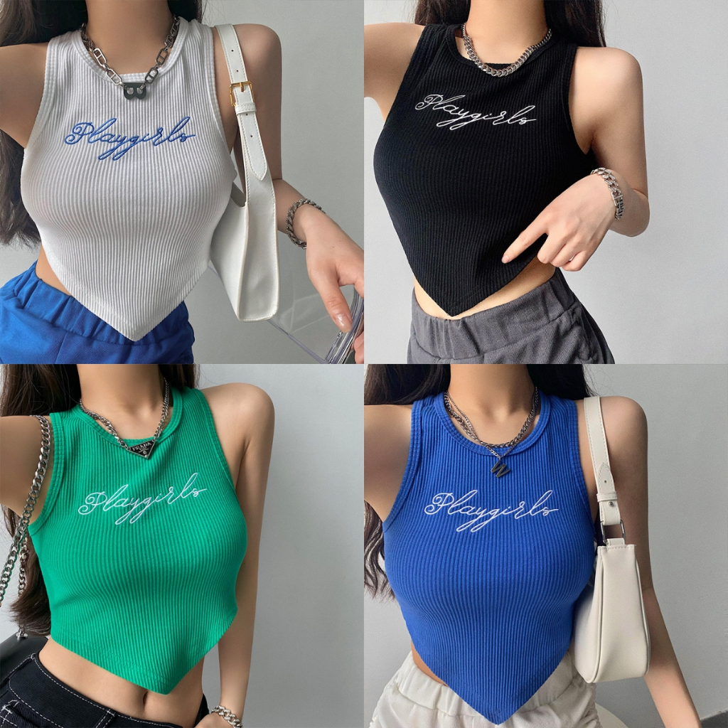 เสื้อกั๊กผู้หญิง ins เสื้อกั๊กถักโมโนแกรม เปิดสะดือ มี 5 สี