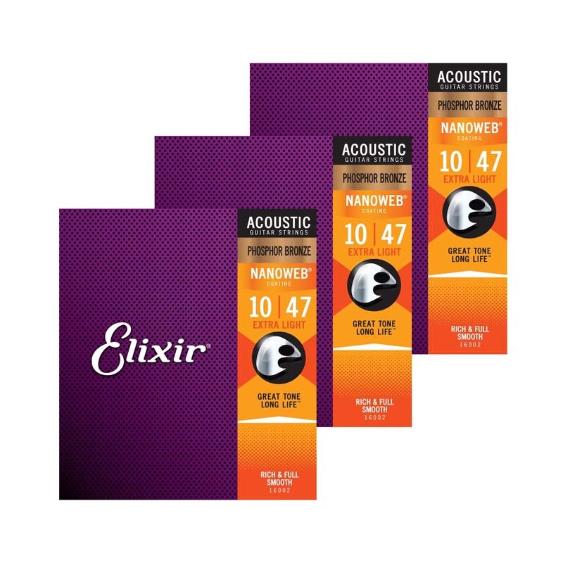 สายกีตาร์โปร่ง Elixir - Acoustic Phosphor Bronze พร้อมการเคลือบ NANOWEB - Extra Light 16002