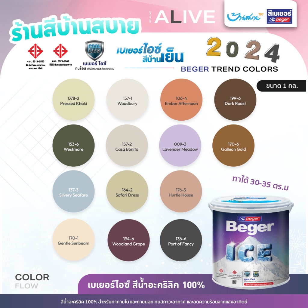 Beger ICE เฉดสี 2024 ขนาด 3.7 ลิตร สีทาภายนอก และสีทาภายใน เช็ดล้างดีที่สุด ชนิดกึ่งเงา สีทาบ้าน กลิ่นอ่อน เช็ดล้างได้