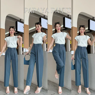 PAPAYA PANTS กางเกงทำงานเอวสูง ขากระบอกเล็กผ้าเปเป้ จับจีบเล็กน้อยกำลังใส่สวย งานตะขอดูเรียบหรูดูแพงสุดๆ