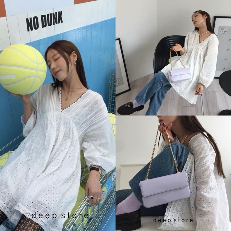 Karen Lace Dress ชุดเดรสทรงสั้น แขนยาว ทรงคอวี จั๊มปลายแขน ดีไซน์ตัดเย็บด้วยผ้าลูกไม้สีขาวฉลุลายทั้ง