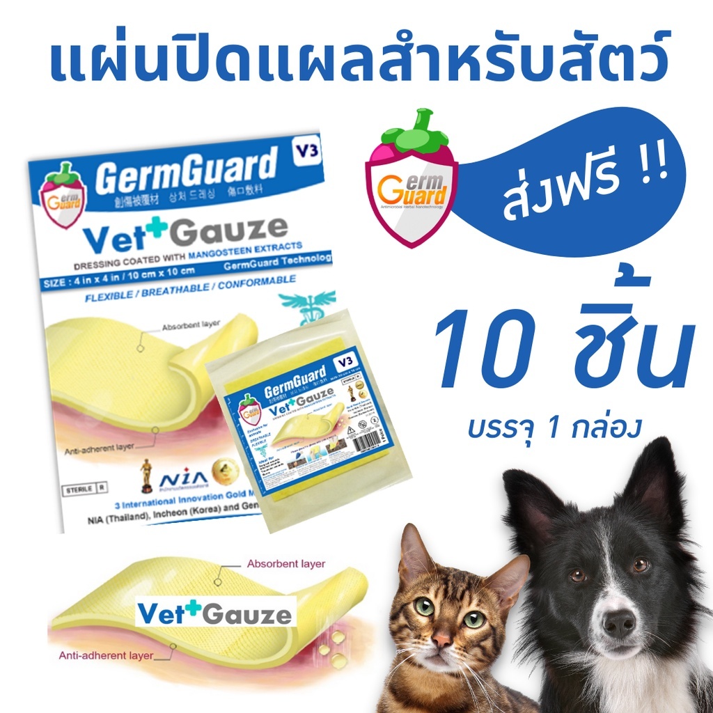 >>ยกกล่อง/10แผ่น<<GermGuard Vet Gauze ✨ แผ่นปิดแผล สารสกัดมังคุด แผลหายไว ไม่ติดแผล สุนัขและแมว