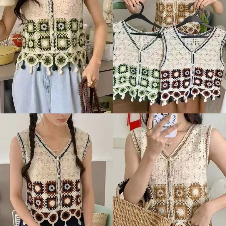 เสื้อถักแขนกุด ทรงเสื้อกั้กคอวี ลายดอกไม้ ดีเทลตุ้งติ้งชายเสื้อ ต้อนรับซัมเมอร์ พร้อมส่ง