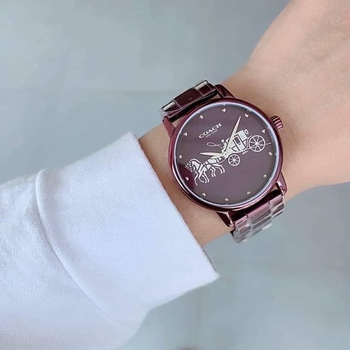 💜COACH 14502923 GRAND PLUM PURPLE STAINLESS STEEL QUARTZ LADIES WATCH💜 นาฬิกาสายแสตนเลสสีม่วงหน้าปัด