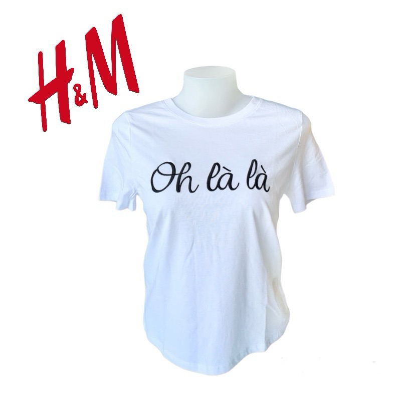 Oh là là เสื้อยืด คอกลม ผู้หญิง สีขาว แขนสั้น ของแท้ แบรนด์ H & M