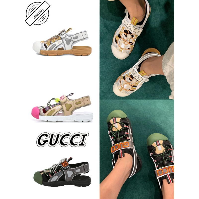 รองเท้าแตะชายหาดหนัง GUCCI แท้ทันสมัยและอเนกประสงค์สำหรับผู้ชายและผู้หญิง