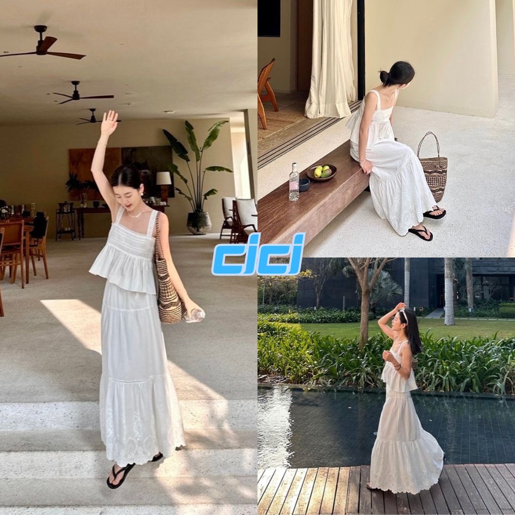 ส่งทันที Cici(NO. 3295)SET 2 ชิ้น เสื้อกล้ามมีซิปข้าง+กระโปรงปักลายลูกไม้ มีซับใน สไตล์เกาหลี