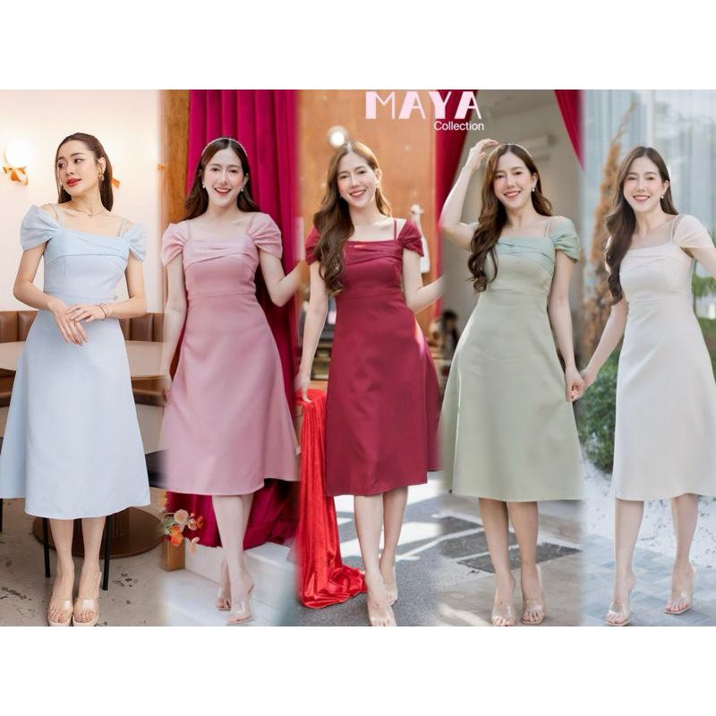 G102 ชุดเดรสสั้นออกงาน ชุดเดรสไปงาน เดรสเพื่อนเจ้าสาว ปิดแขนแต่งระบายออแกนดี้ ใส่ได้หลายโอกาส