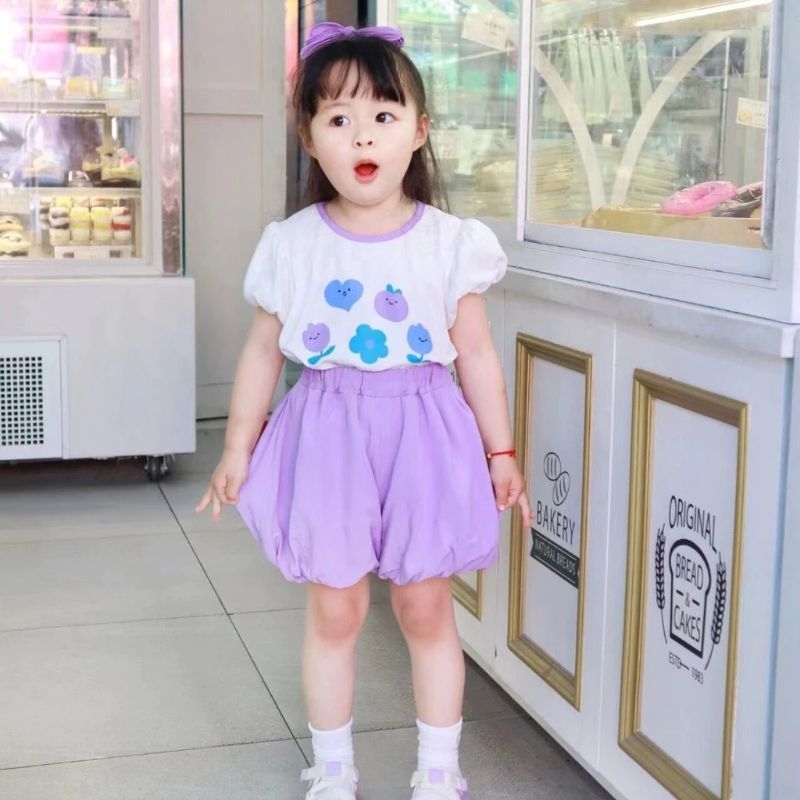ชุดเช็ตเด็กผู้หญิง กางเกงขาบอลลูน สีม่วงน่ารัก (ชุดจริงรูปสุดท้าย)