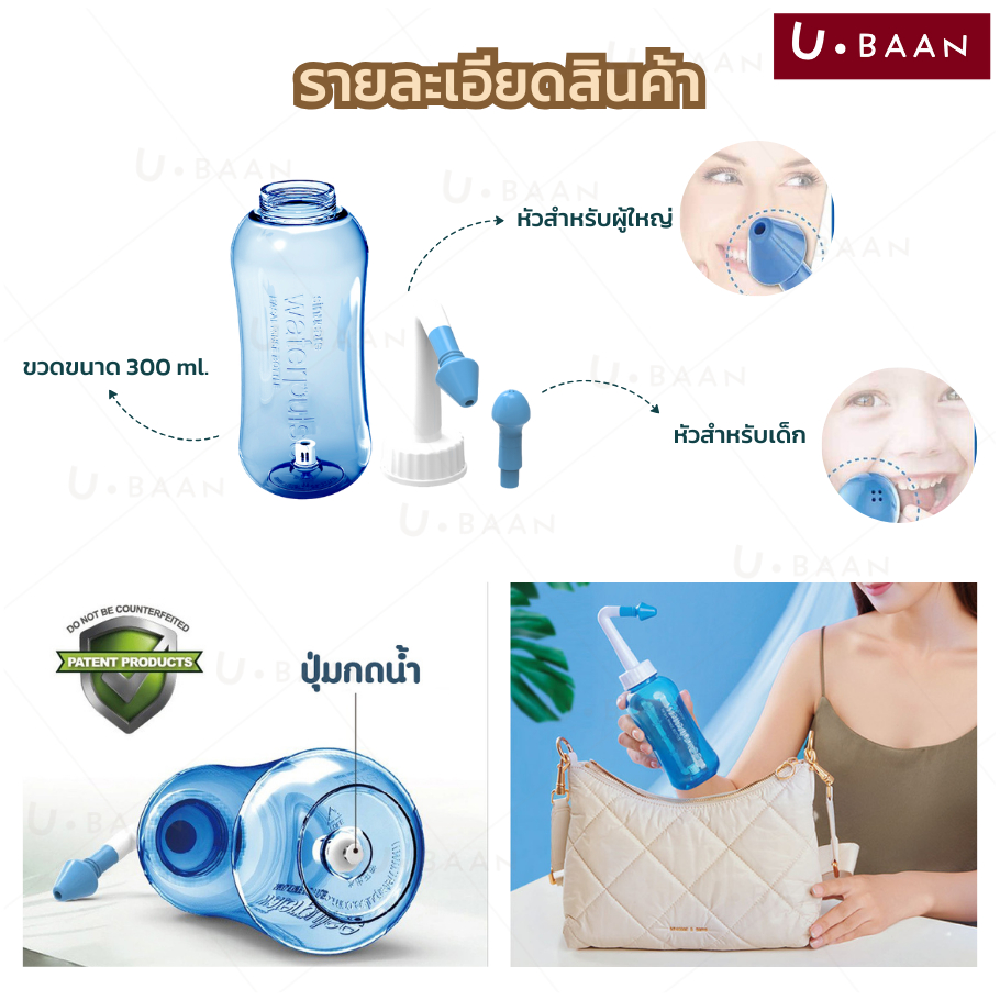 UBAAN  พร้อมส่ง  ที่ล้างจมูก ขวดล้างจมูก พร้อมผงเกลือ มีหัวเปลี่ยน ใช้งานง่าย ใช้ได้ทั้งเด็ก และผู้ใหญ่ (ขนาด 300 ml.) ราคา ถูกที่สุด ดีลบีเคเค แกลเลอรีภาพที่ 9