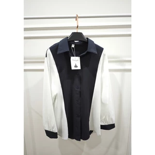 เสื้อเชิ้ตทำงาน สาวอวบ แขนยาว สีกรม สีฟ้า สีดำ คาดขาว มี 3 สี สไตล์เกาหลี