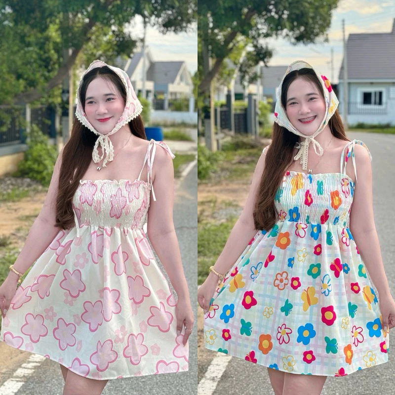 เดรสอกสม็อค2 ชิ้น อก 32-44 + ผ้าโพกผม ( ย224 ) 🌻🌤️