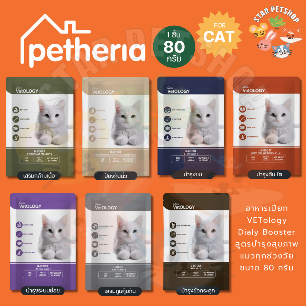 Petheria VetOLOGY เพ็ทเทอเรีย อาหารเปียกสำหรับแมว พัฒนาร่วมกันสัตวแพทย์ ไม่เติมเกลือ Human Grade ขนาด 80 กรัม