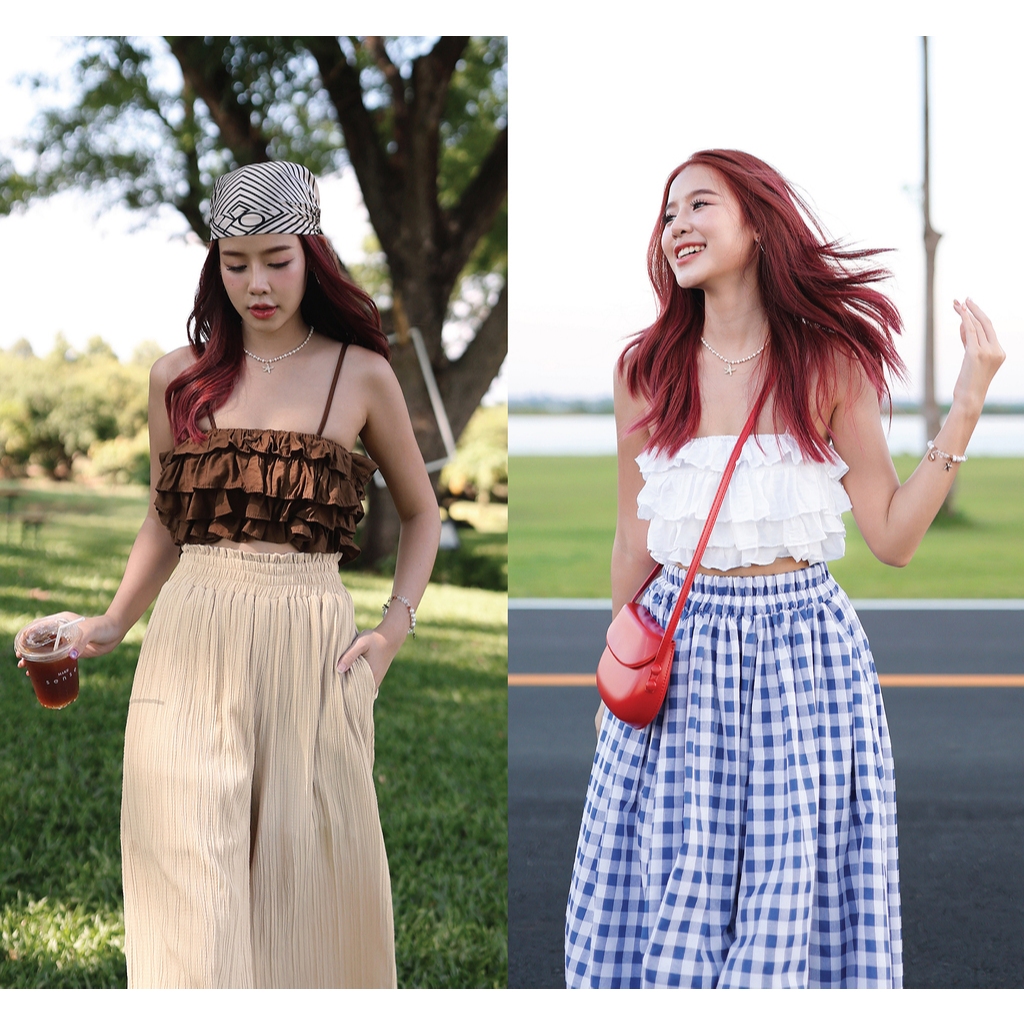 [Sale ปกติ 450 เหลือ 200 บาท] T0122966 สายเดี่ยวขนมชั้น มี 2 สี : สีขาว, สีน้ำตาล  – NUMBERSEVEN – โปรปัง