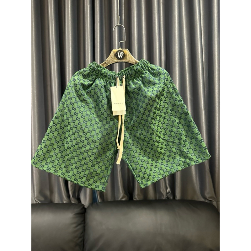 กางเกงขาสั้น ทรงกระบอกเล็ก ผ้าทอ  GG 🎉 สีเขียว 💚💚💚