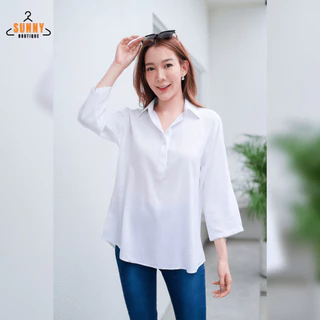 SunnyBoutique เสื้อเชิ้ตคอปก ผู้หญิง ผ้าสปัน แขน3ส่วน กระดุมครึ่ง อก40"-46" ใส่สบาย ไม่ร้อน