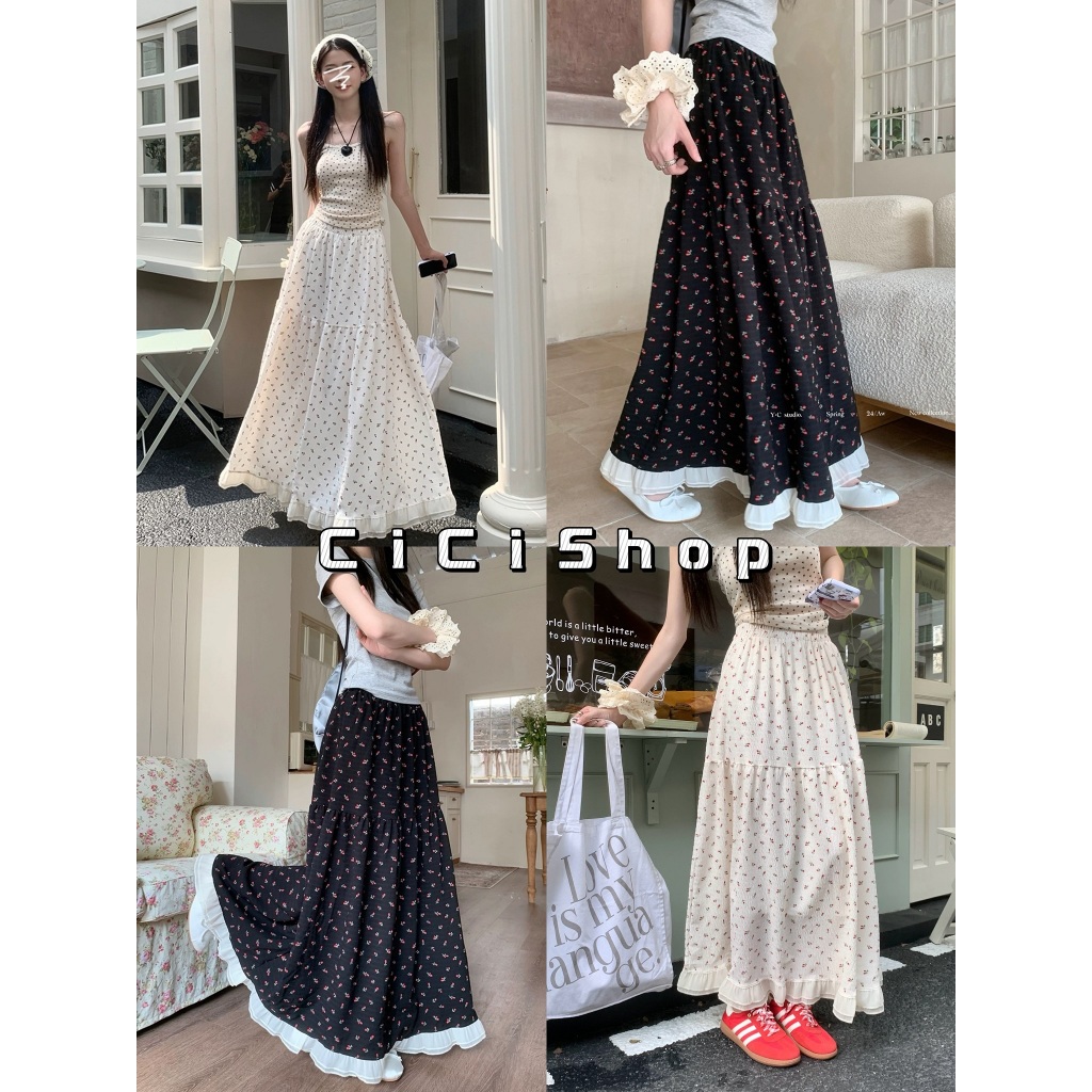 Cicishop(4012)กระโปรงยาวลายดอกสีพื้นแต่งปลายระบาย มีซับใน เรโทร สไตล์แฟรี่