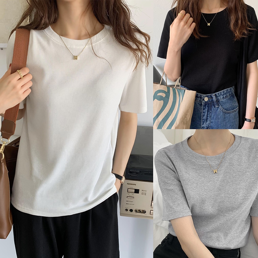 Beryl เสื้อยืดแขนสั้นผู้หญิง ผ้าวาฟเฟิลด์ เสื้อยืดเบสิคสีล้วน