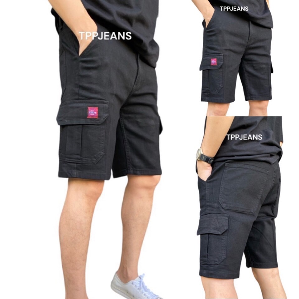 JEANSEXPRESS BLACK Cargo Pants กางเกงคาร์โก้กระเป๋าข้าง สีดำสนิท ทรงสลิมเป้าซิป ผ้ายืด ใส่สบาย Size 28-44 เอวยางมีเชือก