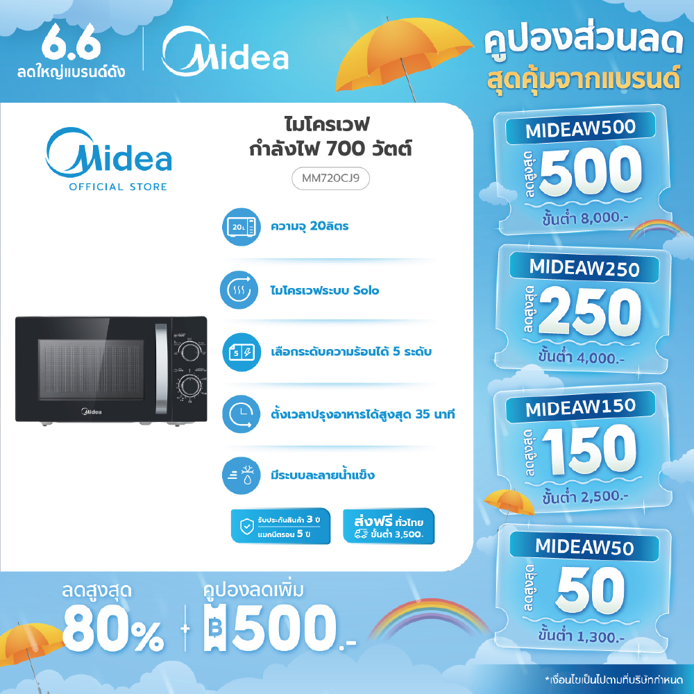 (ส่งฟรีทั่วไทย) Midea ไมโครเวฟไมเดีย ความจุ 20 ลิตร (Microwave 20L) รุ่น MM720CJ9 *รับประกันสินค้า 3 ปี