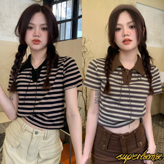 เสื้อโปโลผู้หญิง เสื้อแฟชั่นผญ ลายทาง คอปก ผูกเชือกที่คอ #19…