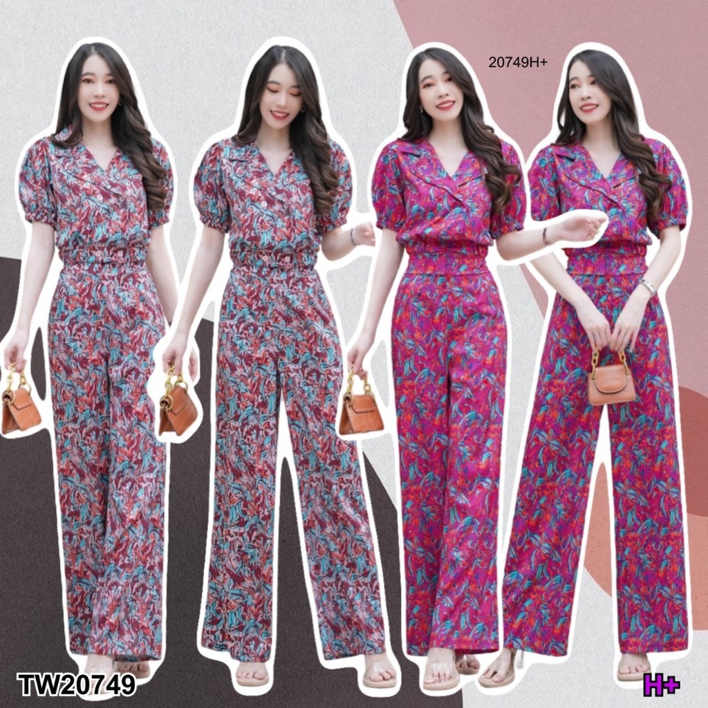 TwinsShopVip พร้อมส่ง TW20749 Set 2 ชิ้น เซตขายาว คอปกเสื้อแขนพอง + กางเกงขายาว พิมพ์ลาย