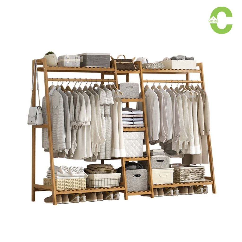 HOMEC ตู้เสื้อผ้าไม้ พร้อมชั้นวางของ coat rack และที่แขวนประเป๋า ประกอบง่าย แขวนเสื้อผ้าได้เยอะ