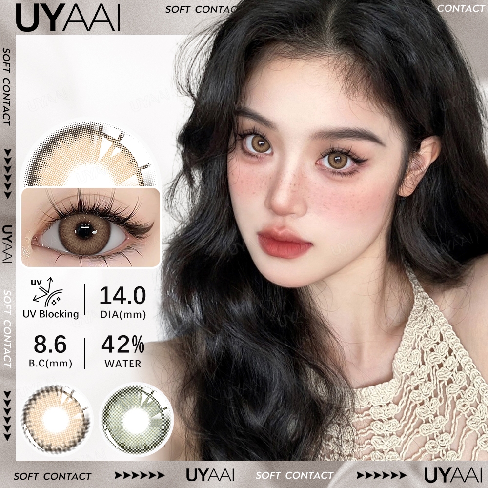 UYAAI คอนแทคเลนส์ น้ำตาล สัมผัสด้วยสีธรรมชาติ ปริมาณน้ำ 42 % 14.0 มม. สามารถใช้สำหรับ แต่งหน้าตา รายเดือน