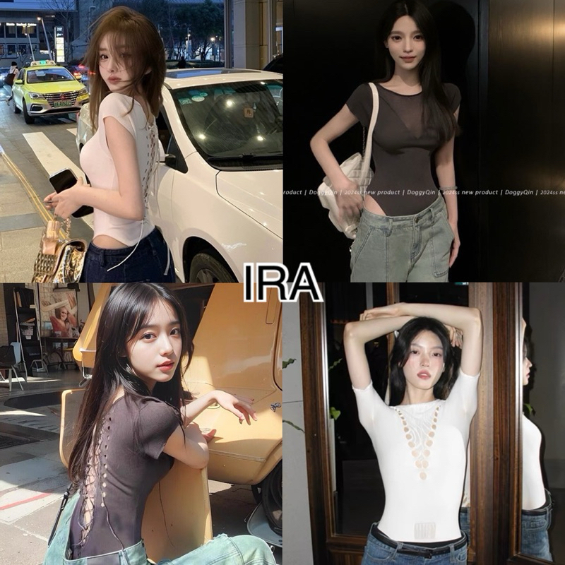 BY IRA 🎉พร้อมส่ง🎉 ( 026 ) Barb bodysuit บอดี้สูทผู้หญิง ร้อยเชือกด้านหลัง แบบเว้าสูง สีพื้น สไตล์ลำลอง