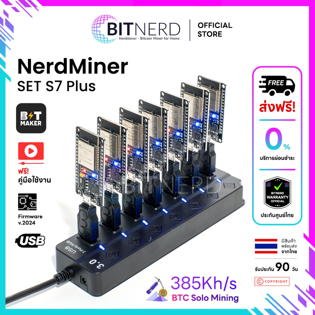 เครื่องขุด Bitcoin Lottery 7 ตัว Nerdminer แรงขุด 385KH/s กินไฟต่ำ มีคู่มือสอนใช้งาน