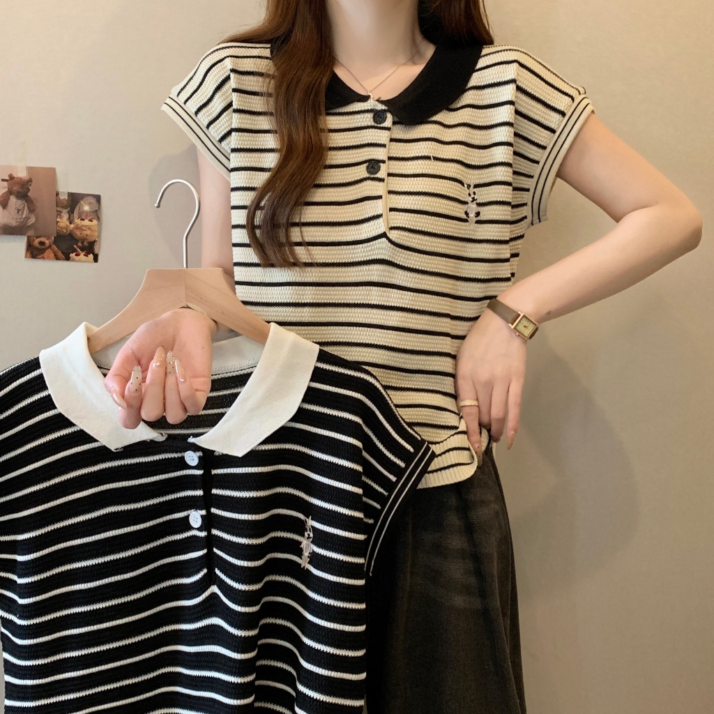 เสื้อโปโล เสื้อเเขนสั้นไหมพรม ลายทาง ทรงหลวม สาวอวบใส่ได้ #1502185