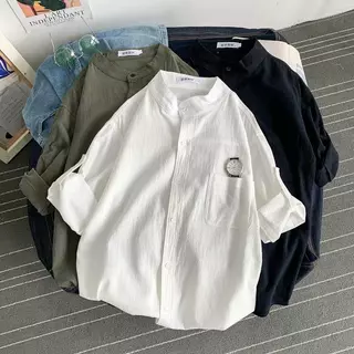 เสื้อเชิ้ตผู้ชาย เสื้อคอจีนผู้ชาย ผ้าฝ้าย และผ้าลินิน ระบายอากาศดี แบบบาง คอปก แบบเรียบง่าย