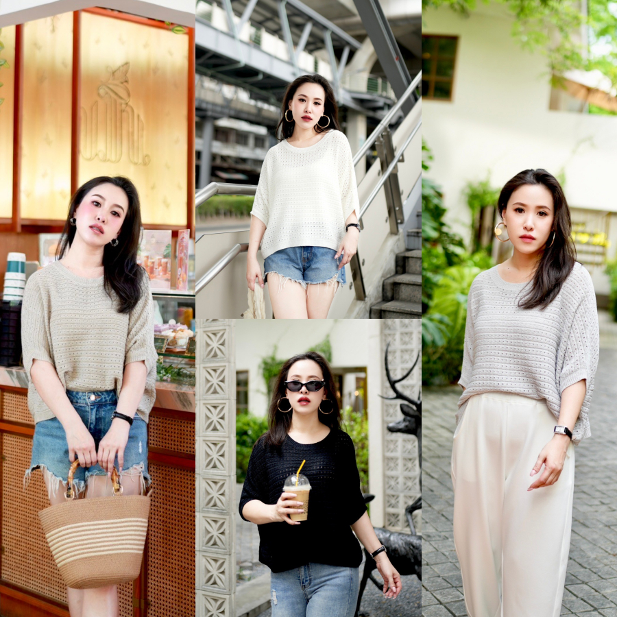 Lynlalin เสื้อไหมพรมฉลุทอลายแบบพิเศษ แพทเทิร์นคอกลม แขนทรงผีเสื้อ รุ่น ไหมเดวิล