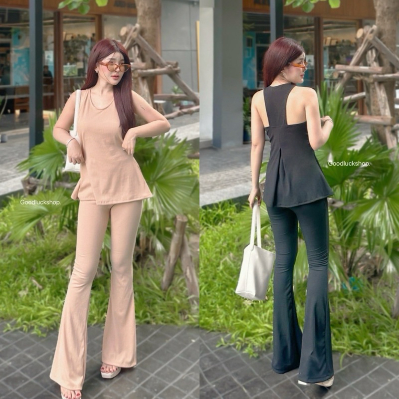 Teera พร้อมส่ง ชุดเซตคลุมโทน มีดีเทลลูกเล่น ผ้ายืด CVC กางเกงทรงขาม้า เสื้อกล้ามจับจีบหลัง ทรงน่ารักมากก goodluck