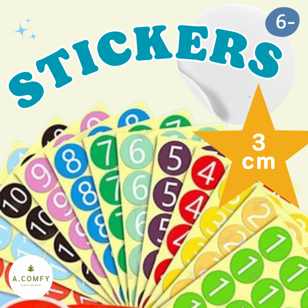 สติ๊กเกอร์ตัวเลขขนาด 3 CM พื้นสี 15 ดวง/แผ่น Stickers No.1-12