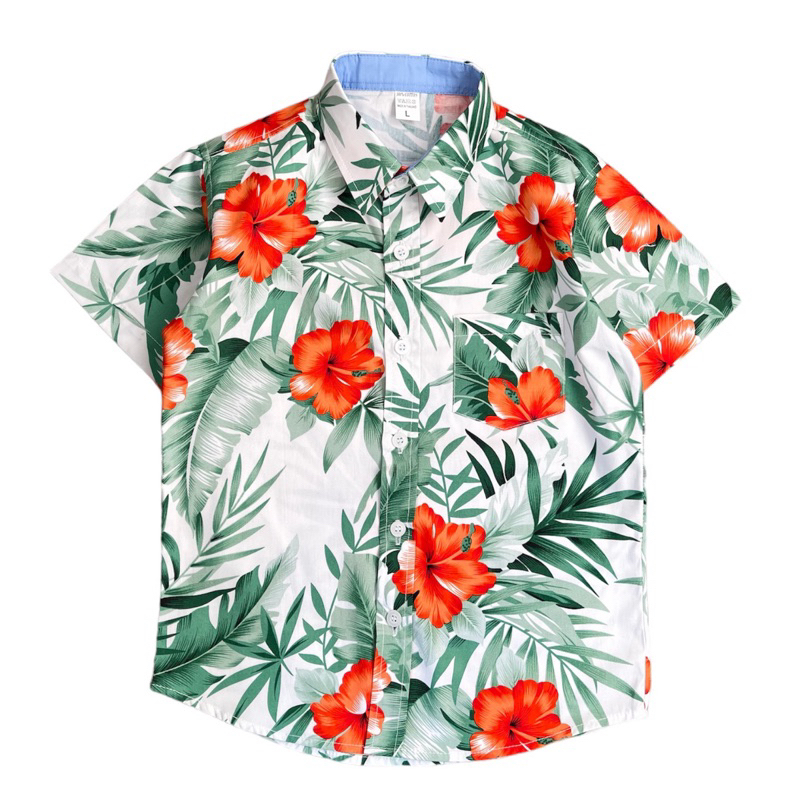 เสื้อเชิ้ตเด็ก-แขนสั้นลายดอกชบาสีสันสดใส