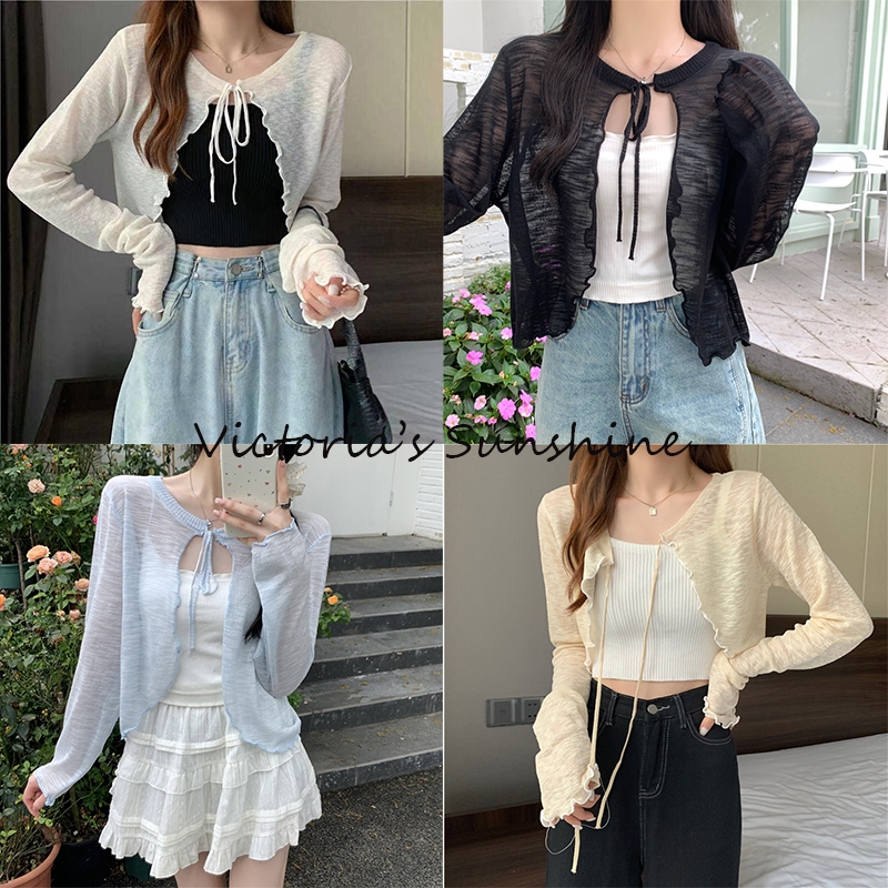พร้อมส่ง🌞เสื้อคลุมไหมพรมซีทรู กันuv ชุดไปทะเล.  ดีเทลปลายหยัก ผ้าบางใส่สบาย#0330