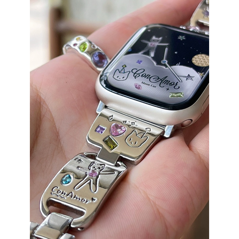 (พรี) Crystal metal watch strap from Conamor สายนาฬิกาเหล็กฝังเพชรพิมพ์ลายแมว