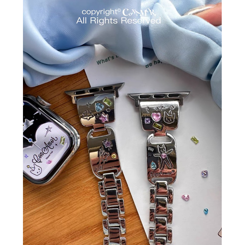 (พรี) Crystal metal watch strap from Conamor สายนาฬิกาเหล็กฝังเพชรพิมพ์ลายแมว
