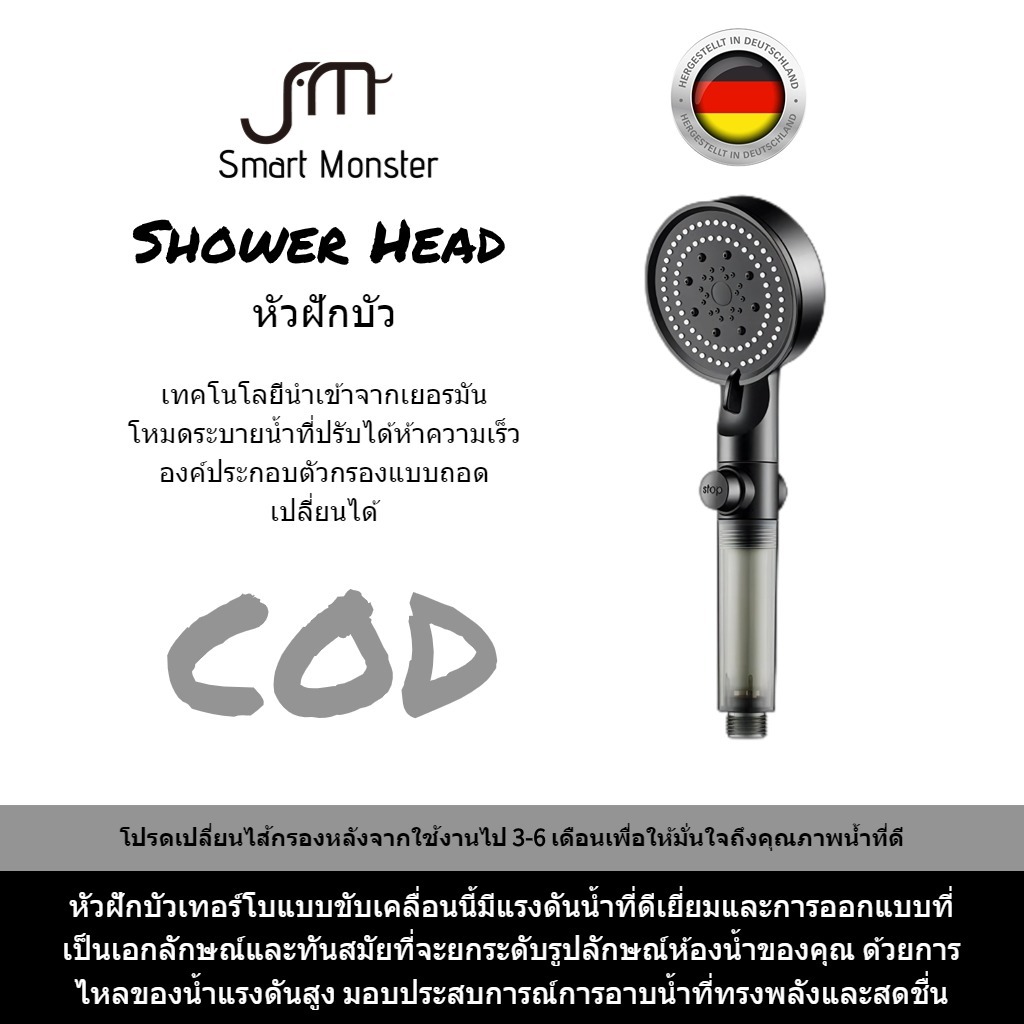 【New】Smart monster shower head หัวฝักบัว ปรับการไหลของน้ำได้ห้าระดับและไส้กรองแบบเปลี่ยนได้
