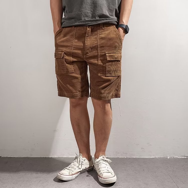 กางเกงขาสั้น ผู้ชาย (Size M-3XL) ผ้าลูกฟูก ทรงคาร์โก้ มีกระเป๋าด้านข้าง
