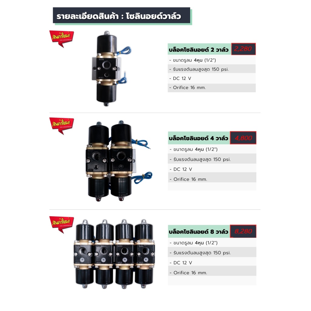 ลมเร็วแรง โซลินอยด์วาล์ว Solenoid Valve 2วาล์ว 4วาล์ว 8วาล์ว ขนาดรูลม 4หุน 1/2" DC 12V Orifice 16 มม. จำนวน 1ชุด รถตู้