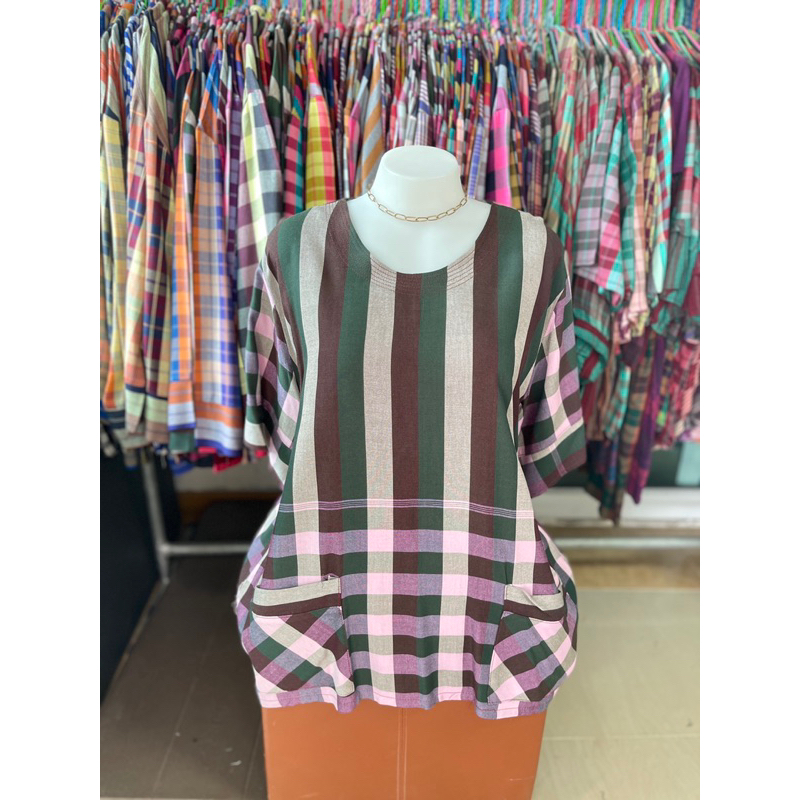 เสื้อผ้าขาวม้าหมักโคลนคอกลม อกกว้างสุด 50"